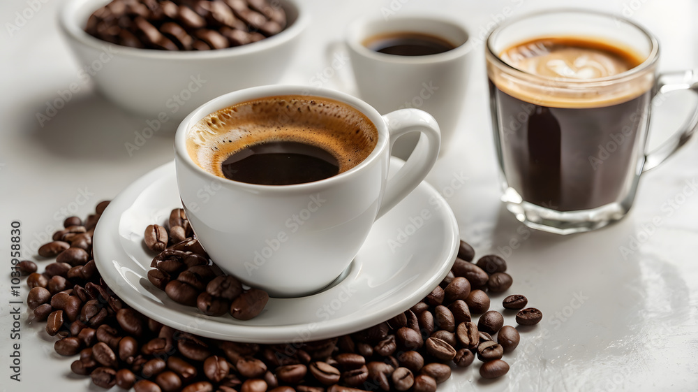 hot espresso and coffee bean on white table with soft-focus and over light in the background. top view hot espresso and coffee bean on white table with soft-focus and over light in the background. top view