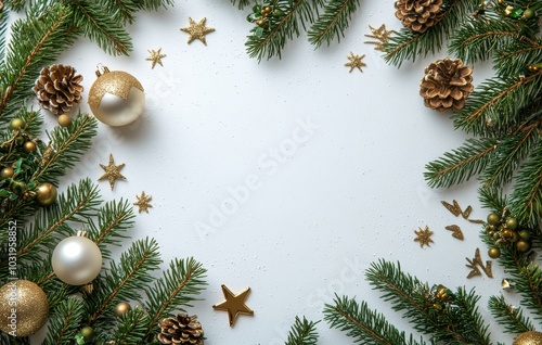 Festive holiday decorations with ornaments and pine branches arranged on a wh...