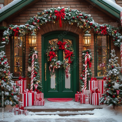 Cheerful holiday decorations adorn a cozy home entrance with snow and festive...