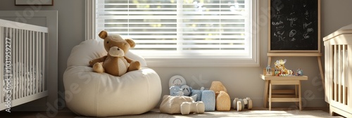 Cozy nursery corner with a rocking chair, toys, and soft sunlight in a warm, ...