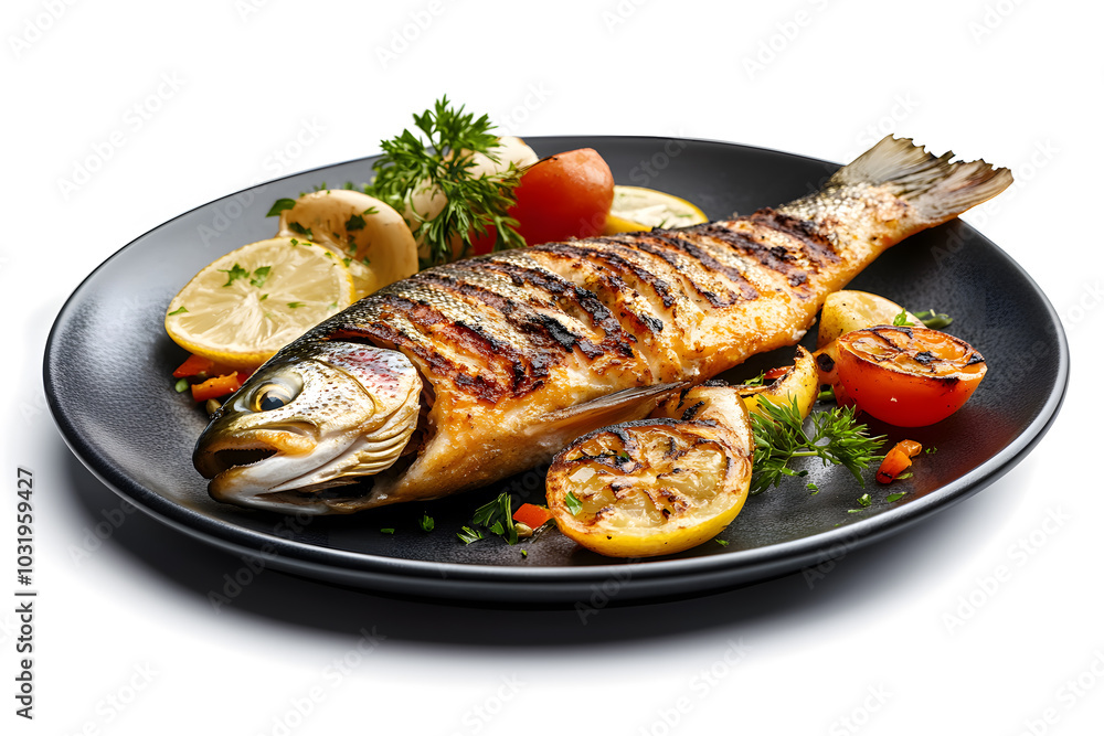 Grilled trout fish isolated on white background Grilled trout fish isolated on white background