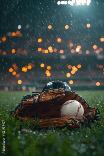 Nighttime baseball setting with a glove, cap, and ball on the lush green grass