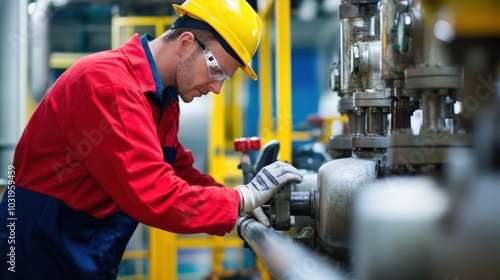 Industrial workplace safety checks being conducted by engineers, verifying that all machinery meets the required safety regulations photo