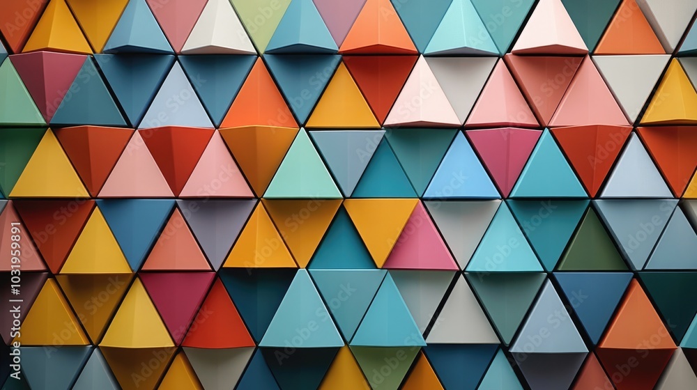 An abstract background of stacked equilateral triangles in various sizes, each layer a different color, repeating across the surface An abstract background of stacked equilateral triangles in various sizes, each layer a different color, repeating across the surface