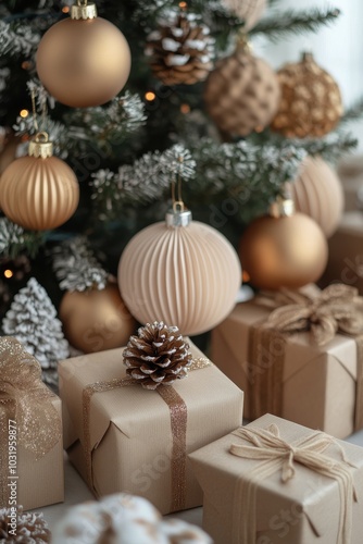 Decorative ornaments and wrapped gifts under a snowy Christmas tree in a cozy...