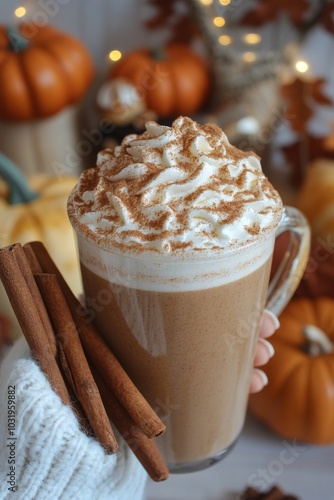 Warm pumpkin spice latte with whipped cream and cinnamon in a cozy autumn set...