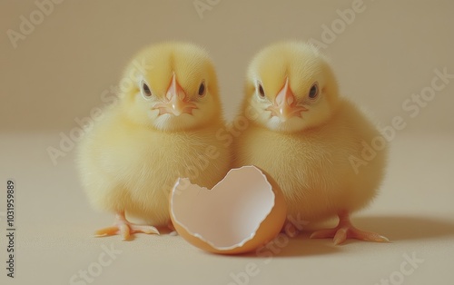 Newly hatched chicks exploring their surroundings beside an eggshell on soft ...
