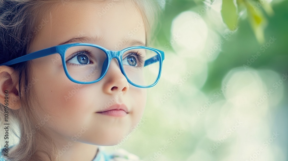 Young child wearing blue glasses focusing on distant tree outside window, symbolizing myopia prevention and importance of outdoor activities. Young child wearing blue glasses focusing on distant tree outside window, symbolizing myopia prevention and importance of outdoor activities.