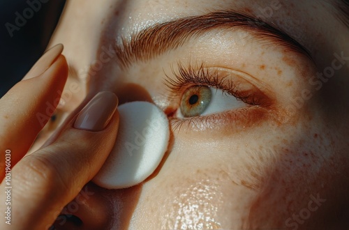 Cotton pad held in a hand over a marbled surface, ideal for skincare routines...