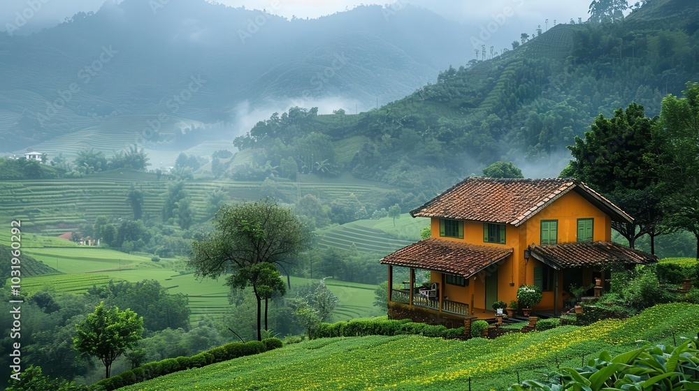 Fototapeta premium Rural Landscape, vibrant colors, serene environment, wide shot, inviting