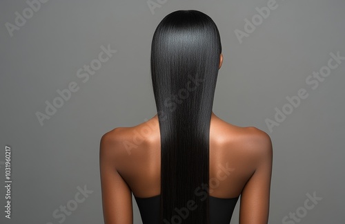 Long, sleek dark hair cascading down the back of a person against a neutral g...