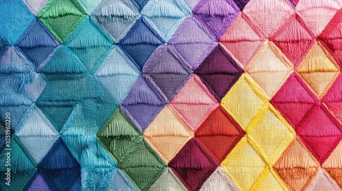 A background featuring equilateral triangles with rainbow-colored thread forming the sides, layered from the edges to the center, repeated across the surface