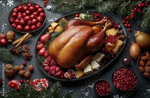 A beautifully roasted turkey adorned with herbs, berries, and festive decor o...