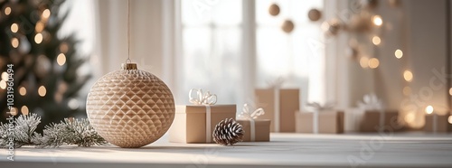 Festive winter decorations featuring an elegant ornament and wrapped gifts on...
