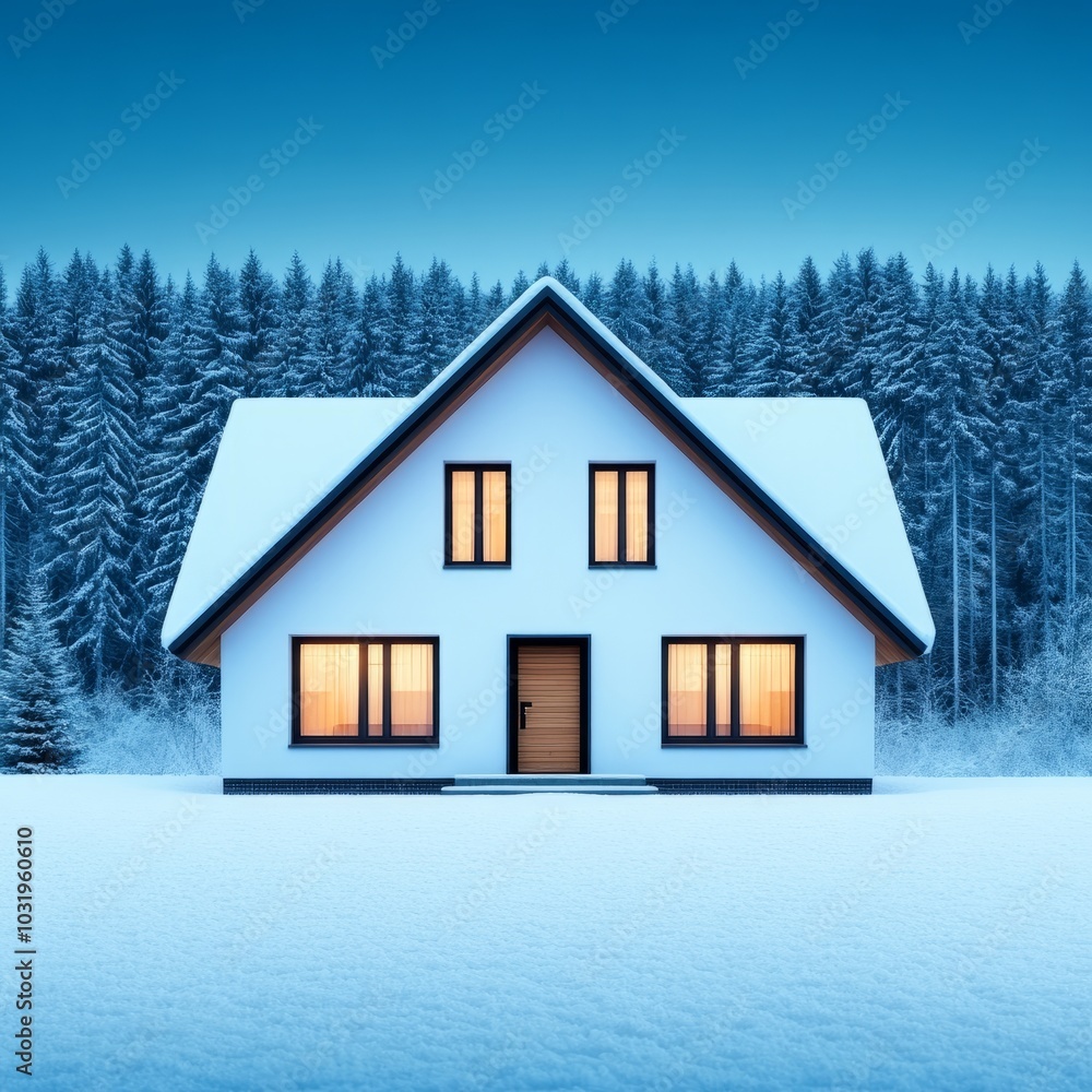 A cozy house in a snowy landscape surrounded by pine trees at dusk. A cozy house in a snowy landscape surrounded by pine trees at dusk.