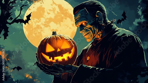 A cartoon Frankenstein holding a glowing jack-o'-lantern, with a full moon and bats in the background