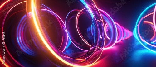 Neon loops of vivid pink, purple, and orange create an electrifying tunnel effect, evoking a sense of motion and futuristic technology.