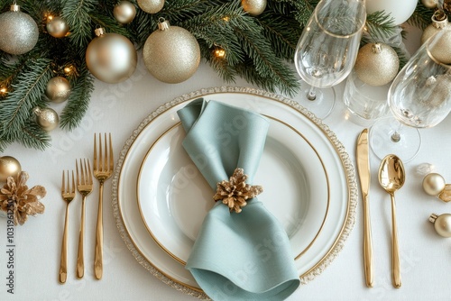 Elegant holiday dinner table setting with gold accents and pine decorations i...