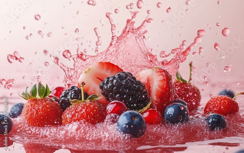 Fresh red berries splash in vibrant juice, capturing the essence of summer de...