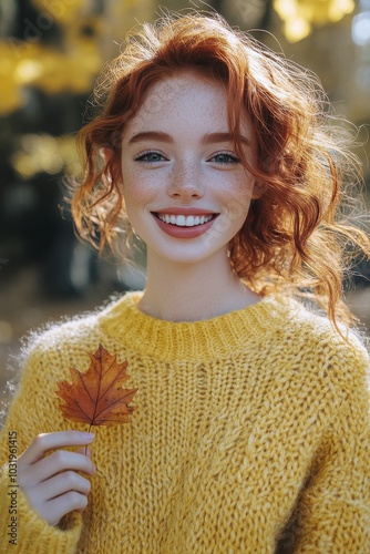 Young woman smiles while holding a maple leaf in a sunny autumn park