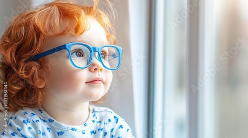 Young child wearing blue glasses focusing on distant tree outside window, symbolizing myopia prevention and importance of outdoor activities.