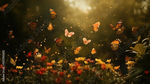 A magical scene of many butterflies flying over a field of flowers in the warm sunlight.