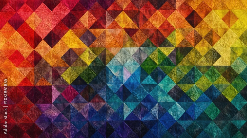 A geometric design with equilateral triangles made of rainbow-colored thread, layered and repeated to fill the entire background with color A geometric design with equilateral triangles made of rainbow-colored thread, layered and repeated to fill the entire background with color