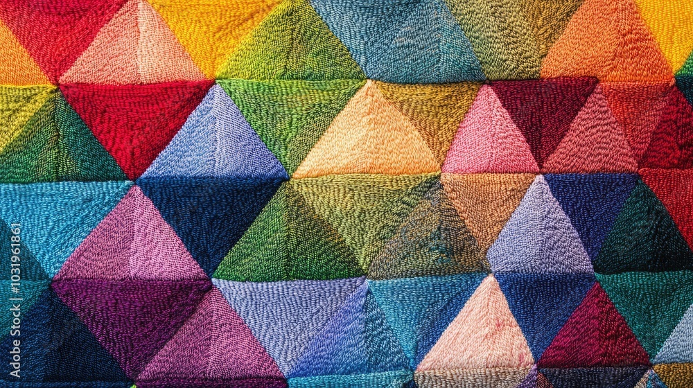 A geometric design with equilateral triangles made of rainbow-colored thread, layered and repeated to fill the entire background with color A geometric design with equilateral triangles made of rainbow-colored thread, layered and repeated to fill the entire background with color