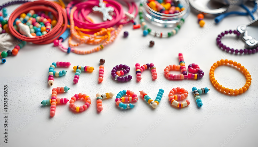 Fototapeta premium Friends forever written with colorful beads. Jewelry making supplies on the table. Making friendship bracelets concept. Selective focus isolated with white highlights, png