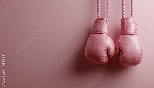 Pink boxing gloves hanging against a soft pink background with a simple and m...