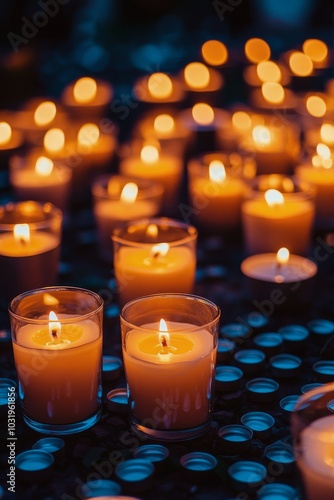 Many lit candles glow softly at dusk, creating a serene atmosphere in a peace...
