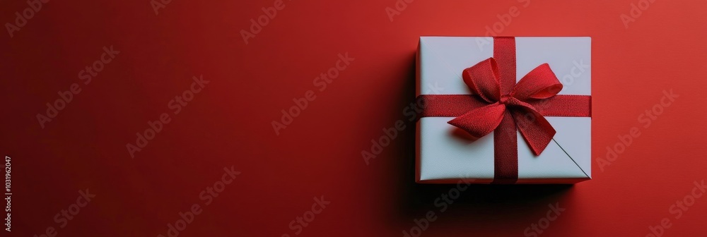 A beautifully wrapped white gift box with a red ribbon resting on a vibrant red background A beautifully wrapped white gift box with a red ribbon resting on a vibrant red background