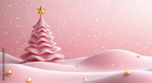 Miniature Christmas tree with gold star on pastel pink snow covered landscape...