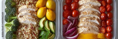 Healthy grilled chicken meal prep with quinoa, fresh vegetables, and vibrant ...