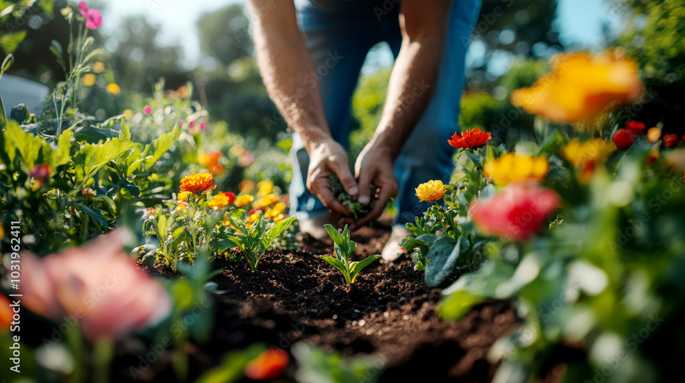 Urban Gardener Planting Flowers in a Colorful City Garden Scene Urban Gardener Planting Flowers in a Colorful City Garden Scene