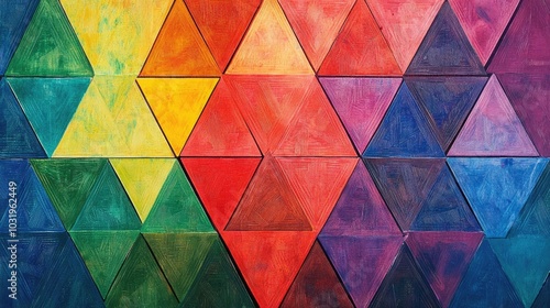 A repeating pattern of rainbow-threaded equilateral triangles, layered from the outer edges to the center, creating a bold geometric background