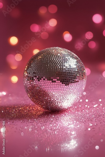 Shimmering disco ball on a vibrant pink background with sparkling lights in t...