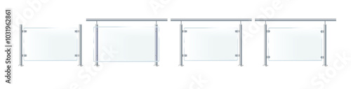 Glass or plexiglass fence with banisters. Architectural guardrail for balcony or office terrace.
