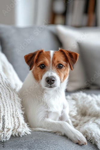 Cute small dog sitting on a gray couch indoors with a relaxed expression and ...