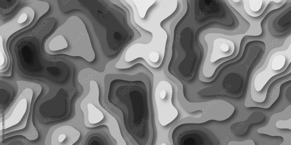 3D Stylized Gray Topographic Contour Scheme and Terrain. Geographic mountain terrain. Contour map background. 3D Cartographic Weave with seamless striped patterns and wavy Shapes. 3D Stylized Gray Topographic Contour Scheme and Terrain. Geographic mountain terrain. Contour map background. 3D Cartographic Weave with seamless striped patterns and wavy Shapes.