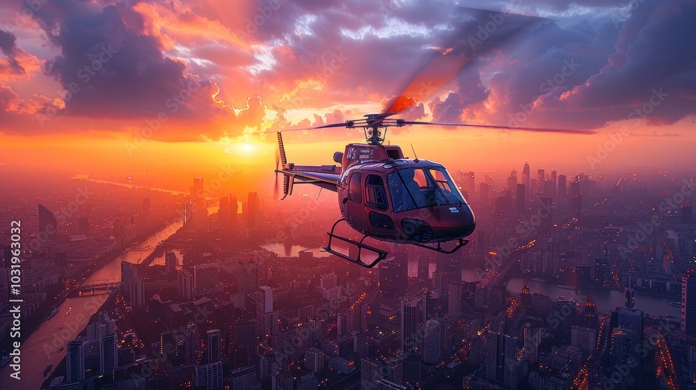 A helicopter soars through the vibrant sky over a bustling city at sunset, painting the horizon with warm colors. Generative AI A helicopter soars through the vibrant sky over a bustling city at sunset, painting the horizon with warm colors. Generative AI