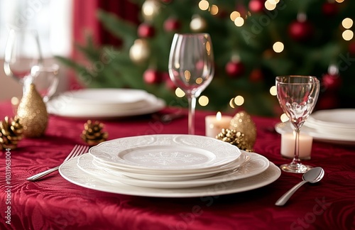 Festive dining table decoration with elegant tableware near a Christmas tree ...