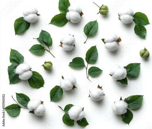 Cotton bolls and green leaves arranged on a white background for a fresh, nat...