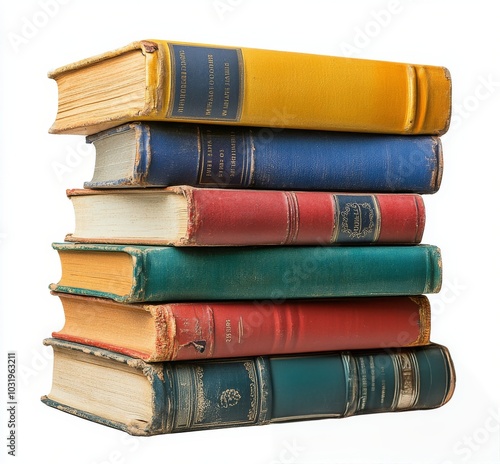 A stack of vintage books featuring colorful covers, resting on a clean white ...