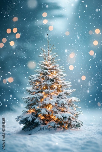 Charming snow covered evergreen tree adorned with lights during a snowy winte...