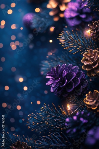 Festive holiday decor featuring purple pinecones and twinkling lights on a da...