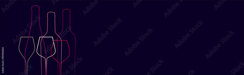 Horizontal banner template with silhouette drawing of wine glasses and bottles. Vector illustration Horizontal banner template with silhouette drawing of wine glasses and bottles. Vector illustration
