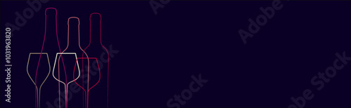 Horizontal banner template with silhouette drawing of wine glasses and bottles. Vector illustration