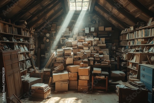 A cluttered attic filled with bulky waste and a wide variety of old, forgotten items. Generative AI