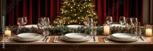 Elegant Christmas dinner table setting with candles and festive decor in a co...